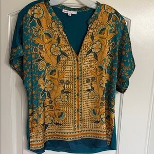 DR2 Teal and Gold Floral Blouse